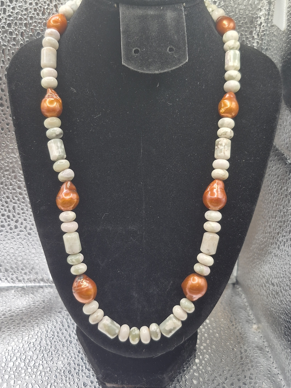 Genuine Mint Green Peace Jasper Paired Wirh Orange Freshwater Pearls